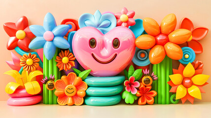 Fototapeta premium Cheerful, pink heart-shaped object with a smiling face, surrounded by various colorful, plastic flowers and volumetric shapes