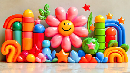 Obraz premium Colorful, cartoonish scene with a smiling flower, colorful, playful shapes and elements and stars