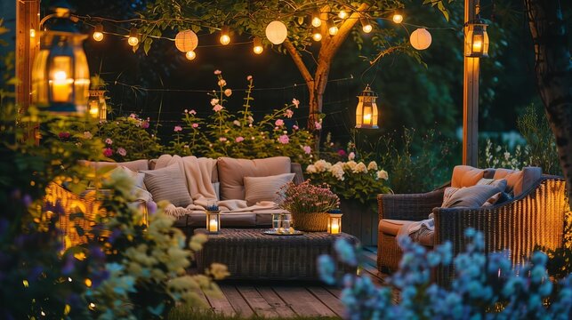inviting outdoor living space in lush garden cozy summer evening on patio with flowers and lanterns