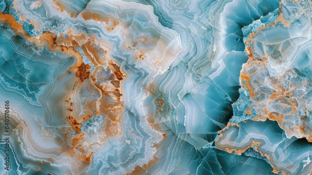 Poster a detailed view of a blue and orange marble with swirling patterns