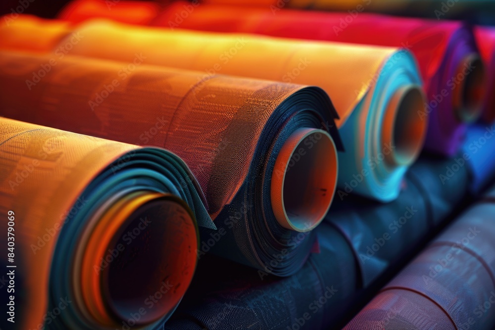 Poster a pile of textile rolls with varying colors and patterns stacked on top of each other