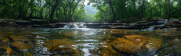 Fototapeta premium A panoramic view of a nature valley, the lush vegetation and flowing river creating a serene atmosphere