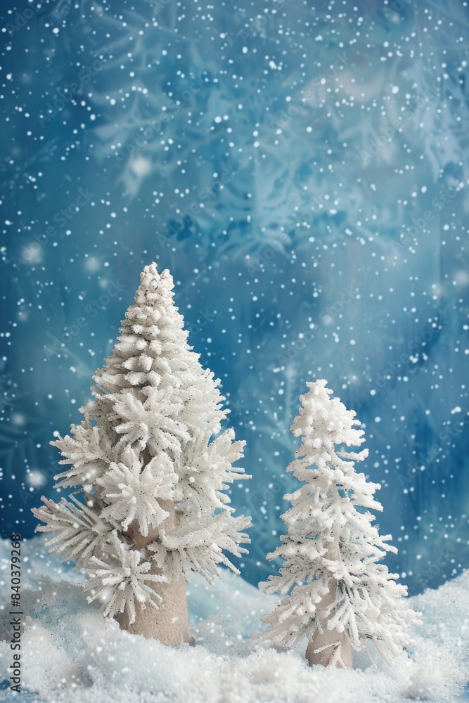 Poster a winter scene with artificial trees placed on a snowy surface