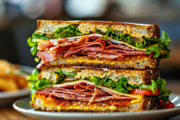 Classic Club Sandwich with Toasted Bread and Layered Meats