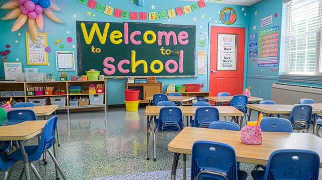1. A colorful classroom with empty desks and a chalkboard displaying the words "Welcome Back to School" in bright, cheerful letters.
