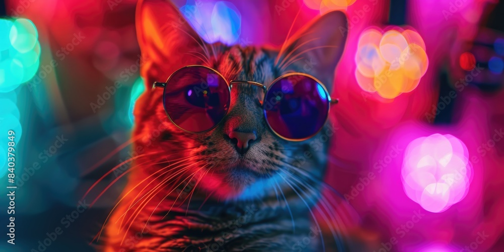 Poster a close-up shot of a cat wearing trendy sunglasses, perfect for use in advertisements, social media 