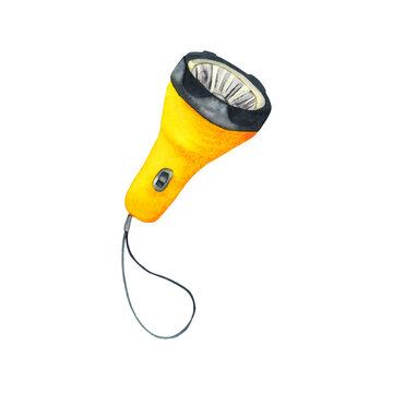 Handheld watercolor pocket flashlight. Flash torch yellow light with led lamp turned off. Travel tourist accessory. Touristic item. Night tool. Hand drawn illustration isolated on white for poster