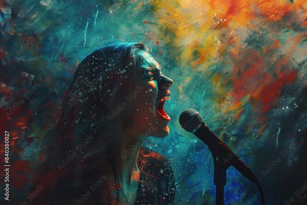 Poster a woman performing live music with a microphone, standing in front of a vibrant background