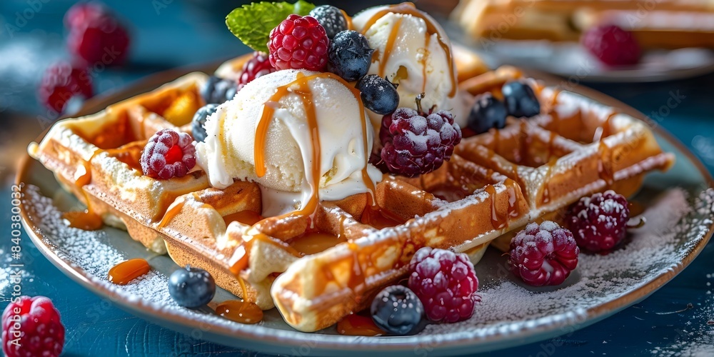 Poster creating artistic belgian waffles with ice cream, caramel, and berries using neural networks. concep