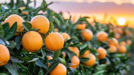 Sunrise over Orange Plantation: expanse of orange trees stretching out to the horizon, bathed in the soft golden light of the rising sun. The oranges on the trees glisten with dew.