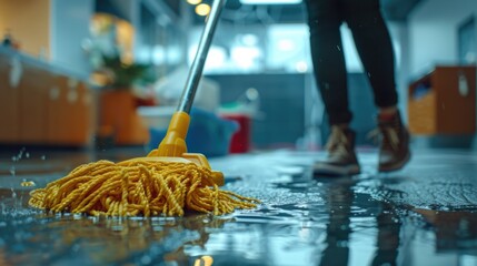 A person using a mop to clean a wet floor, great for backgrounds or scenes where someone is cleaning