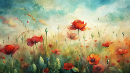 Poppy flower watercolor rustic background