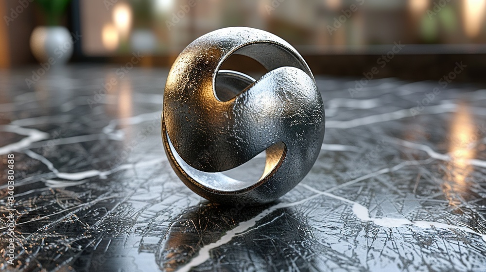 Poster a metallic object rests atop a monochromatic marble surface, surrounded by a hazy skyline