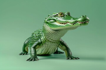 Obraz premium A small toy alligator sitting on a green surface, possibly for play or decoration