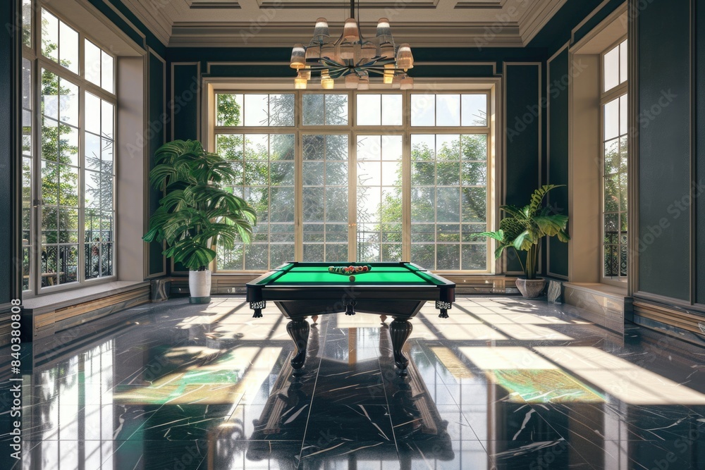 Poster a pool table in the center of a room with a simple decor