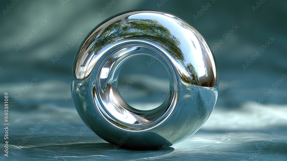 Poster a gleaming metallic object featuring a tree at its core and a stunning blue sky in the background