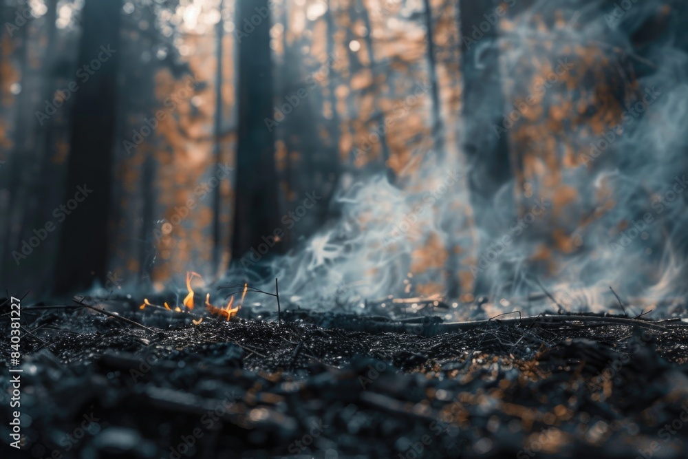 Poster a burning fire in a forest with visible smoke, suitable for use in environmental or emergency respon