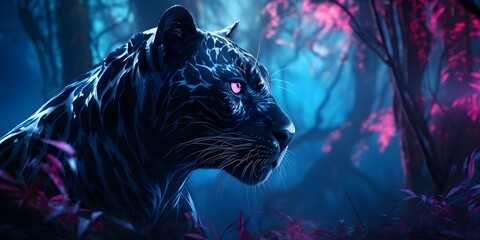 Abstract Glowing Lights Enhance Neon Black Panther Design on Digital Wallpaper. Concept Digital Art, Glowing Lights, Neon Colors, Black Panther Design, Abstract Wallpaper