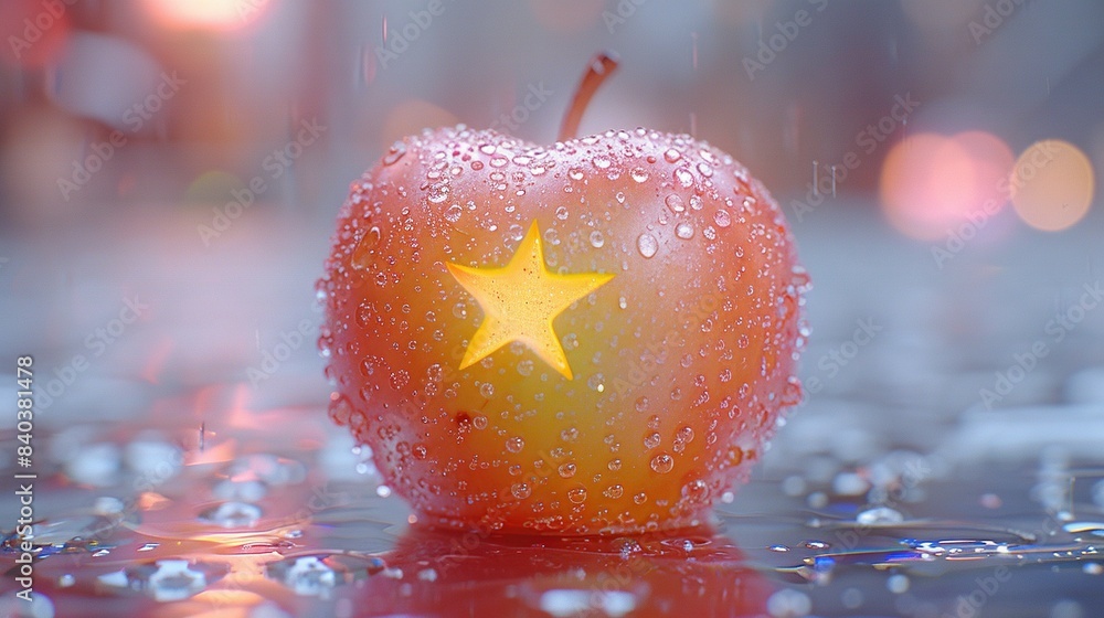 Poster a red apple with a yellow star on it is submerged in a puddle of water, set on a table against a blu