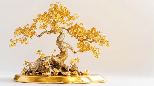 luxurious golden bonsai tree sculpture on white background prosperity symbol