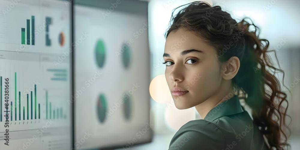Poster a young female data scientist analyzing risk management reports on a screen. concept data science, r