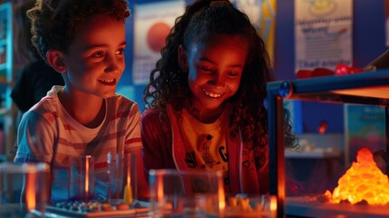 Two curious children exploring a science experiment with colorful liquids and a glowing volcano, experiencing the fun of learning together.