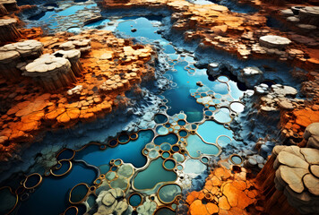 stunning aerial view showcasing vibrant mineral pools and intricate rock formations in vivid colors. abstract artwork highlights the natural beauty and complexity of geological landscapes,