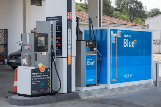 Plasencia, Caceres, Spain - January 27, 2024: Fuel dispensing device at a Repsol service station with the new renewable diesel, called Diesel Zero 10e+ or Repsol Blue+