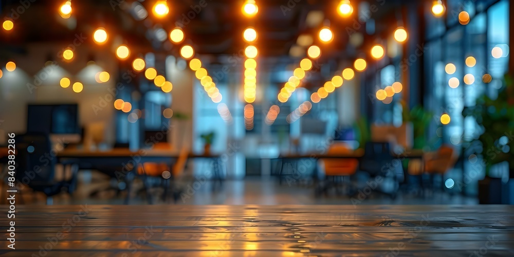 Poster blurred office interior with bokeh lights creating a sense of spaciousness. concept bokeh, spacious 
