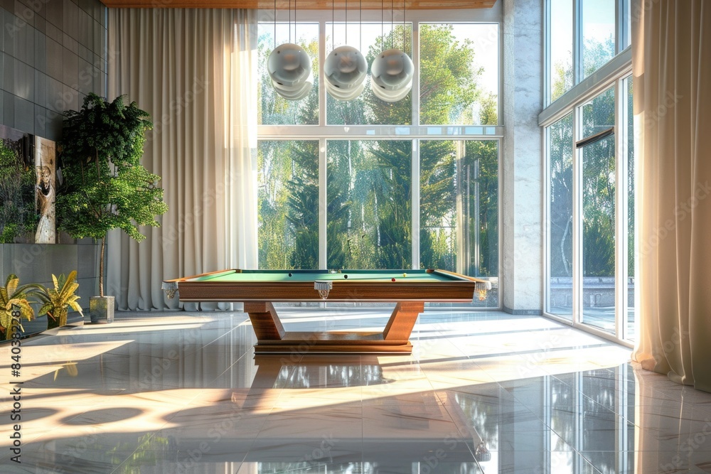 Poster a pool table in the middle of a room, suitable for various settings and uses
