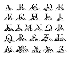 Set of vector letters with line drawing mountains, nature alphabet	 for wedding, brand cards, posters and logo