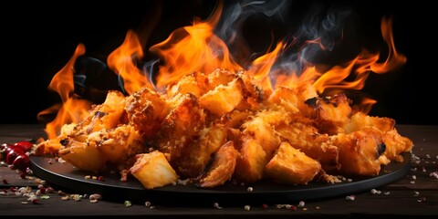 Fototapeta premium Fiery Closeup of Fried Food on Black Background. Concept Food Photography, Closeup Shots, High Contrast, Black Background, Fiery Aesthetic