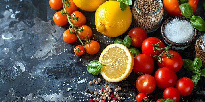 Assorted healthy foods and ingredients in kitchen setting emphasizing fruits and veggies. Concept Healthy Eating, Kitchen Scene, Fruits and Veggies, Good Nutrition, Food Photography - Powered by Adobe