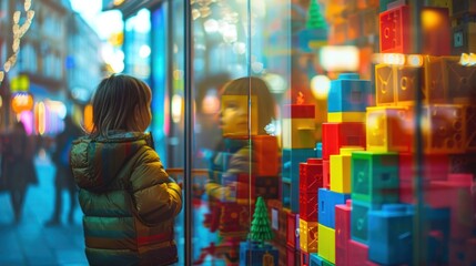 Obraz premium Child gazing at colorful toy blocks through a store window on a vibrant evening street with a cheerful, dreamy atmosphere