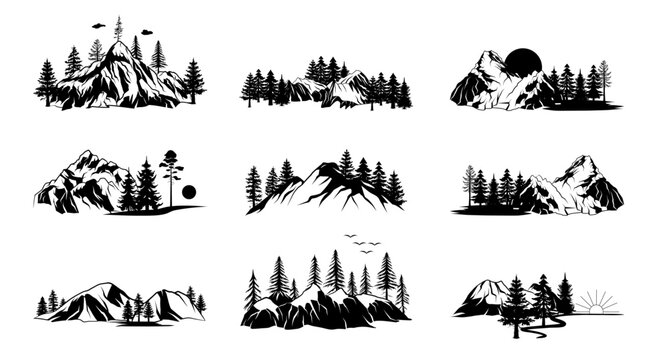 Set of vector hand drawn mountain and forest illustrations, line art drawing