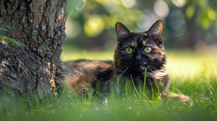 A calico cat lays in the grass, partially hidden by a tree trunk, looking into the camera. - Powered by Adobe