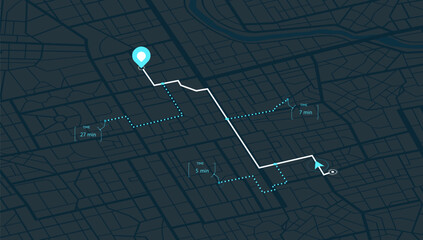 City map with route from one point to marked by white line. Route and information about the streets and distances to marker. Detailed map of city, legend is included in the map. Vector Illustration