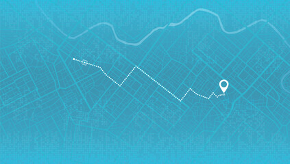 City map with route marked by white line. Perspective view on gps navigation. A point of destination your trip in the city. Vector illustration
