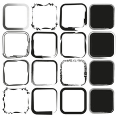 Collection of black square frames. Various styles and textures. Vector border designs.