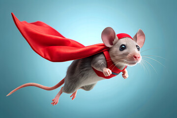Superhero mouse, cute grey mouse funny open mouth with a red cloak and mask jumping and flying on light blue background with copy space. The concept of a superhero, super mouse, leader. Illustration.