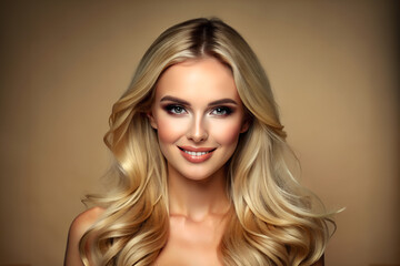 Naklejka premium Pretty European beautiful woman, blond long hair with makeup glowing face and healthy facial skin portrait and smile on isolated beige background. Cosmetology, plastic surgery concept.
