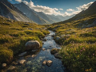 Fototapeta premium Serene stream meanders through lush alpine meadow, flanked by vibrant wildflowers, imposing mountain peaks that fade into distance under soft, golden light.