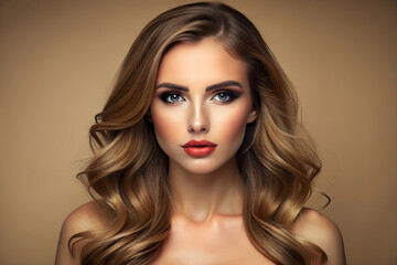 Fototapeta premium Pretty European beautiful woman, brunette long hair with makeup glowing face and healthy facial skin portrait and smile on isolated beige background. Cosmetology, plastic surgery concept.