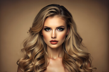 Fototapeta premium Pretty European beautiful woman, blond long hair with makeup glowing face and healthy facial skin portrait and smile on isolated beige background. Cosmetology, plastic surgery concept.