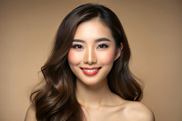 Fototapeta premium Pretty Asian beautiful woman, long hair with Korean makeup glowing face and healthy facial skin portrait and smile on isolated beige background. Cosmetology, plastic surgery concept.