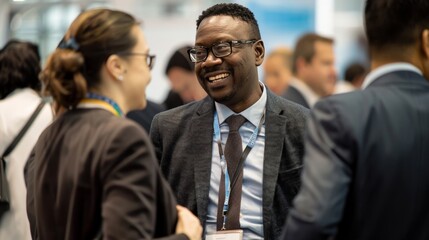 A group of business professionals from different cultural backgrounds networking at a global conference