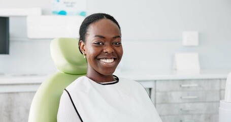 Happy, black woman and dental care with teeth at dentist for clean mouth, gum or oral treatment at...