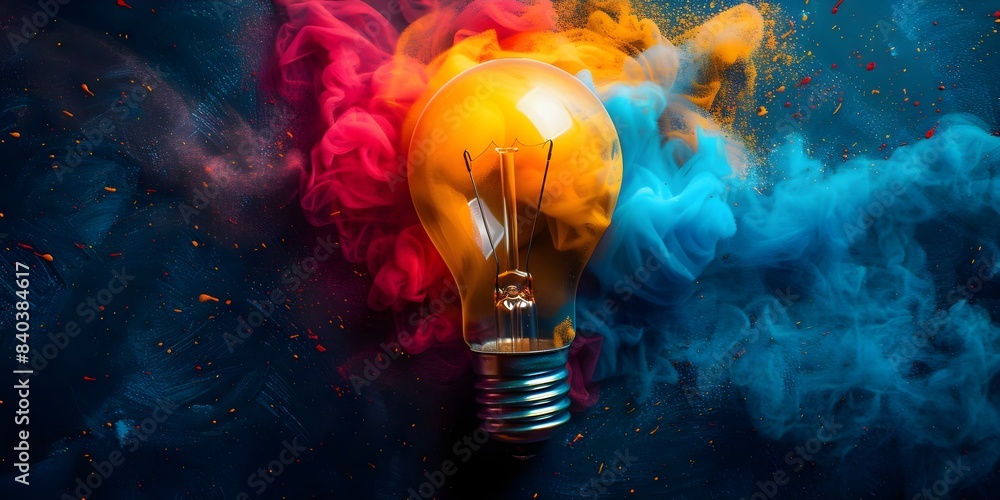Poster vibrant 3d lightbulb on dark background representing a strong and evolving creative concept. concept