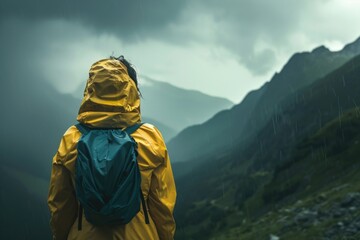 A person dressed in a yellow rain jacket and carrying a blue backpack, suitable for outdoor or travel images