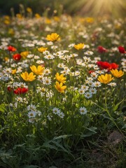 Fototapeta premium Field of vibrant flowers absorbs sunlight, casting glow on varied hues of yellow, red against verdant backdrop. Sunlight permeates scene, accentuating contrast of colors, casting gentle shadows.